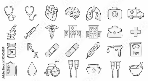 A collection of medical icons and symbols in a simple line art style