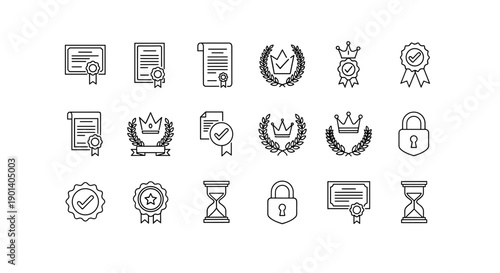 Collection of icons representing awards, certificates, and official badges Vector