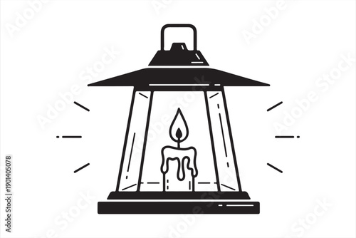 Simple black and white illustration of a vintage kerosene lantern with a lit flame