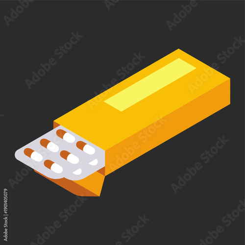 An open yellow box contains a blister pack of white and orange capsules.