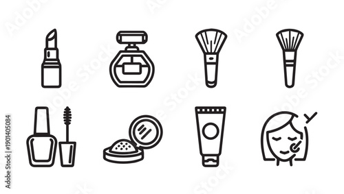 Collection of makeup and beauty product icons: lipstick, perfume, brushes, nail polish, powder, cream, face