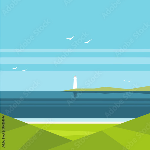 A serene coastal landscape features a lighthouse overlooking the tranquil sea and distant hills.