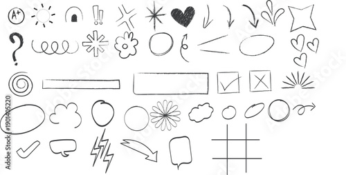 hand drawn doodle elements sketch icons arrows shapes hearts stars vector set