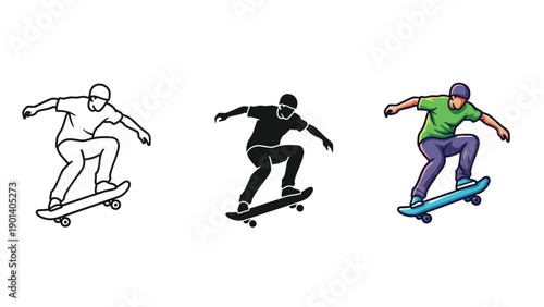 Collection of skateboarder outline, silhouettes and colorful performing a trick
