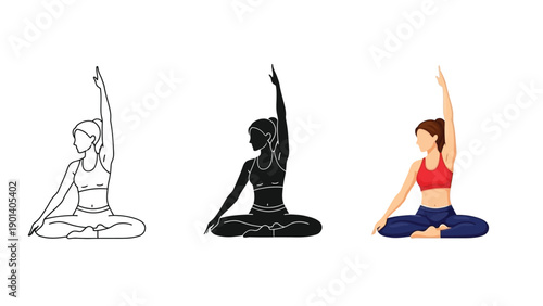 Set of three illustrations of a woman practicing yoga in a seated side bend pose parsva sukhasana or variation, including line art, silhouette and full color versions