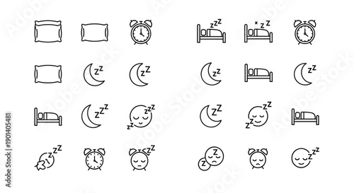 Collection of icons depicting sleeping, waking, and alarm-related activities Vector