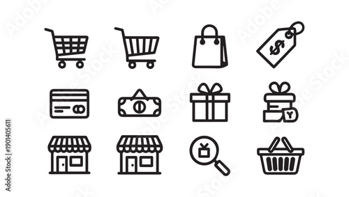 E-commerce Icons Collection: Shopping Carts, Bags, Gifts, and Stores