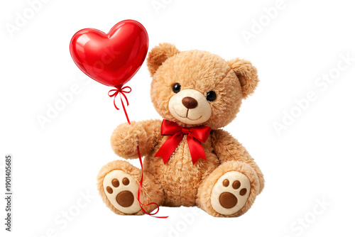 Teddy bear with heart balloon isolated on white for Valentine’s Day. Valentine designs. Love themed projects. Romantic holiday visuals.