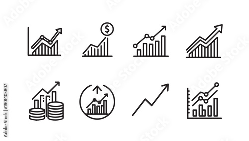 Financial Growth Icons Set: Stock Market Bar Charts, Coin Stacks, and Upward Trends