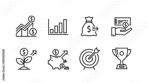 Financial Growth Icons: Investment, Savings, Profit, Target, Success - Line Art