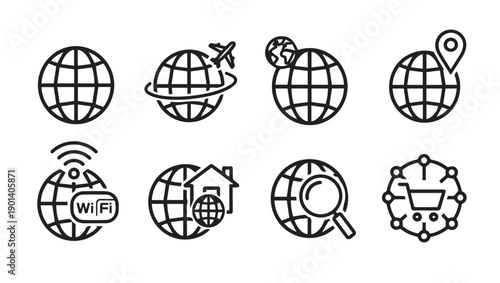 Global Icons Set: Travel, Wi-Fi, Home, Search, Shopping, Location, Network