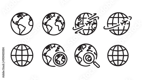 Global Travel Icons: Earth with Airplanes and Magnifying Glass Symbols