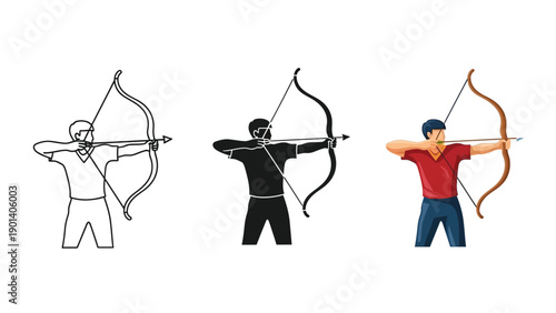 Set of three illustrations of an archer aiming a bow and arrow outline, silhouette and full color cartoon style