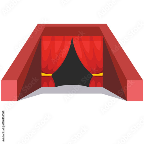 A red archway frames a dramatic stage entrance with opulent red curtains.