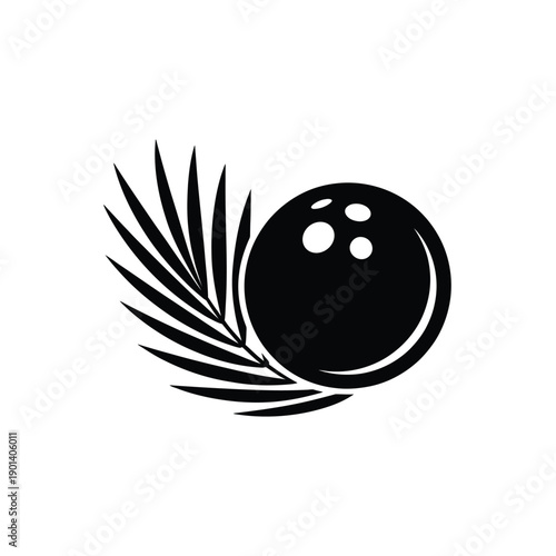 A black silhouette of a coconut with palm leaves nearby