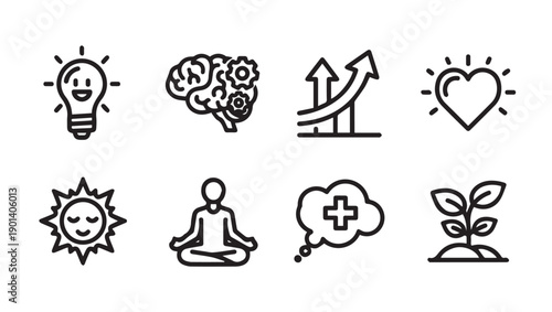 Health, Growth, and Mind Icons: Lightbulb, Brain, Chart, Heart, Sun, Yoga, Health, Plant