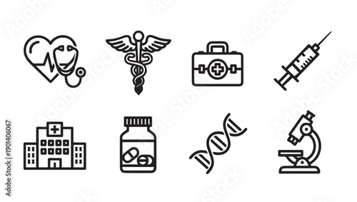 Medical Icons Set: Stethoscope, Caduceus, First Aid Kit, Syringe, Hospital, Pills, DNA, Microscope