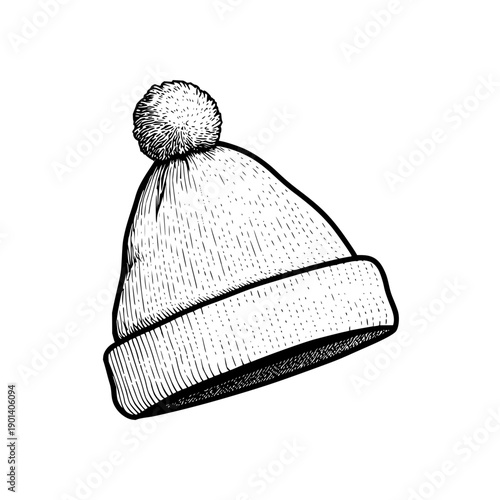 Illustration of a winter hat with a pompom on top and a folded brim in black and white drawing style