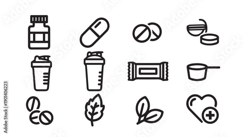 Nutrition Supplements Icons: Pills, Shaker, Bar, Leaves, Heart - Vector