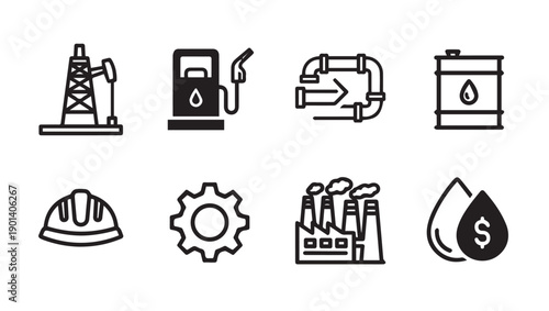 Oil and Gas Industry Icons: Drilling Rig, Gas Pump, Pipes, Barrel, Helmet, Gear, Factory, Dollar Drop