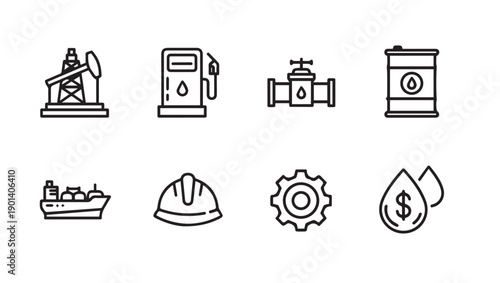 Oil and Gas Industry Icons: Extraction, Transport, Fuel, and Finance Vector Set