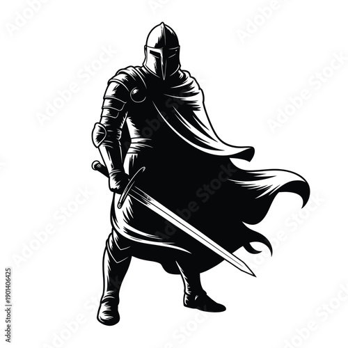 A black and white illustration of a knight holding a sword