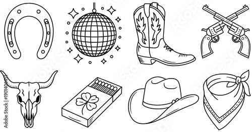 Western retro icon set featuring cowboy boots, hats, skull, dice, bandana, and matchbox, black and white vector illustration for vintage Americana design and classic western culture themes.