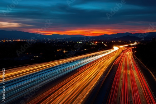 Long exposure highway traffic light trails at dusk, glowing automobile lights on urban freeway road, evening commute transportation background
