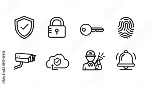 Security Icons Collection: Surveillance, Lock, Key, Fingerprint, Cloud, Guard, Alarm