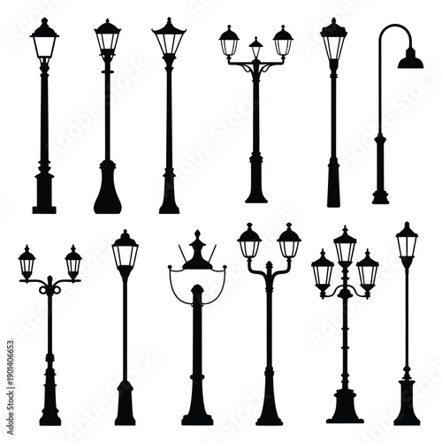 Collection of vintage street lamps in a black and white illustration