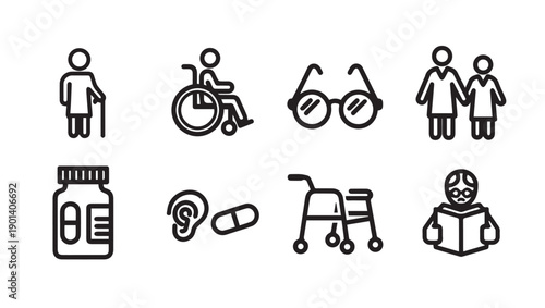 Senior Care Icons: Mobility, Health, and Support Line Art Collection