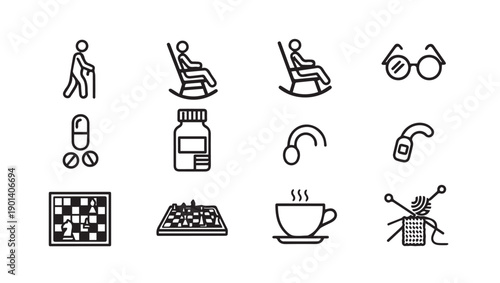 Senior Lifestyle Icons: Health, Hobbies, and Relaxation Set