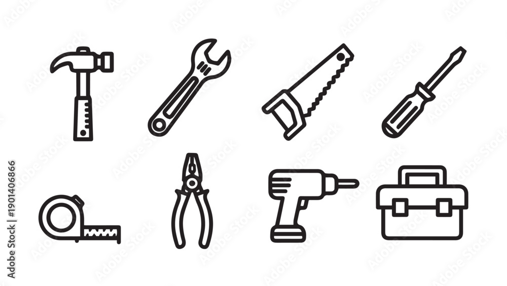 Obraz premium Set of Tools Icons: Hammer, Wrench, Saw, Screwdriver, Pliers, Drill, Toolbox