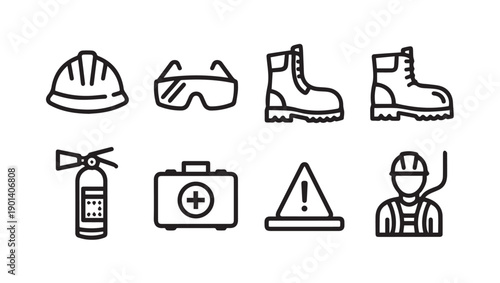 Set of safety equipment icons: hard hat, goggles, boots, extinguisher, first aid kit, warning sign, construction worker