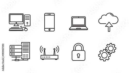 Technology Icons: Computer, Smartphone, Laptop, Cloud, Server, Router, Lock, Gears