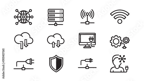Technology Icons: Network, Server, Cloud, WiFi, Security, Connection, Data Transfer