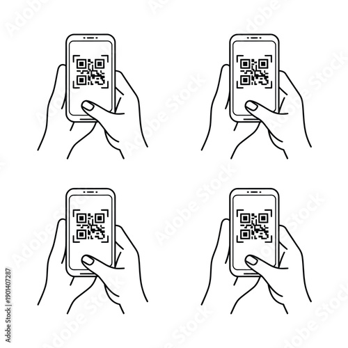 Hands holding smartphones displaying qr codes in a repeated pattern