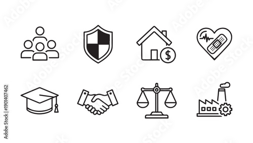 Business Icons: Group, Shield, Home, Heart, Graduation Cap, Handshake, Scales, Factory