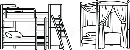 Isometric illustration of bunk bed, loft bed, and canopy bed, furniture vector artwork for interior design