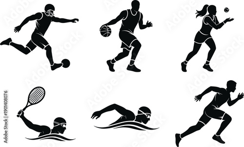 Athletic Sports Silhouette Set Featuring Football Basketball Volleyball Tennis Swimming and Running Athletes for Fitness Training Competition and Healthy Active Lifestyle Concept
