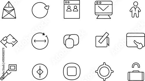 Digital Interface and Communication Icon Set Featuring Email Envelopes User Profiles Web Browsers Refresh Arrows and Action Buttons for Professional Software Design