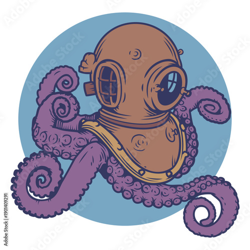 Scuba diver helmet with purple tentacles