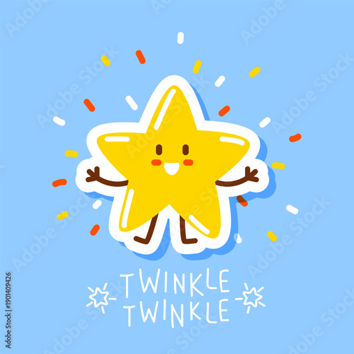 Cute сartoon shiny twinkle star on blue sky background - funny character for Your kawaii happy kids design
