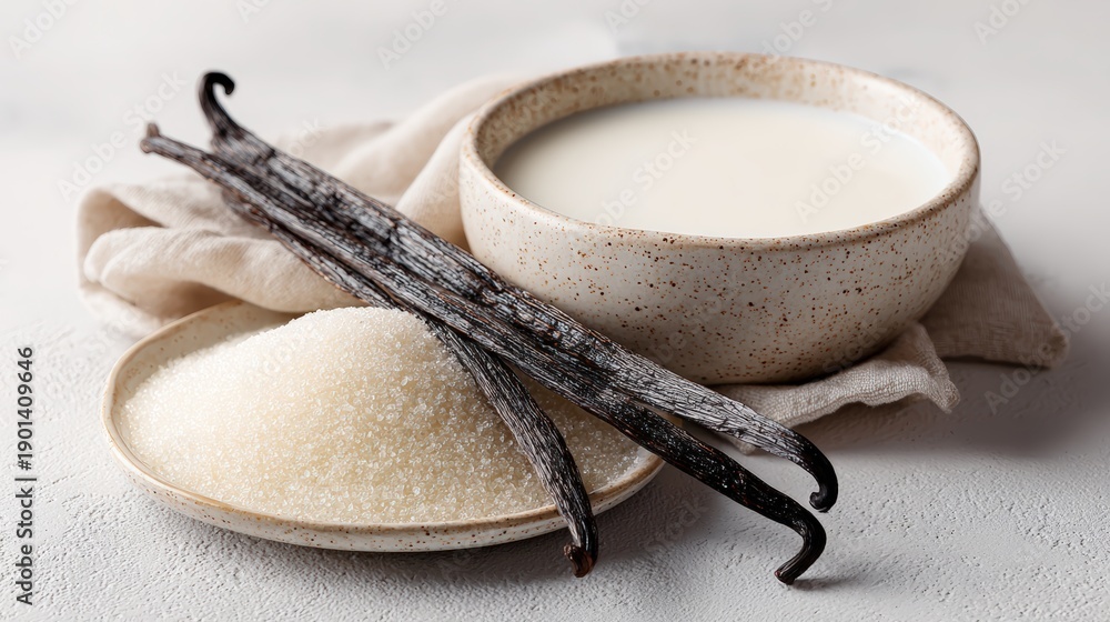 Fototapeta premium Vanilla Pods and Sugar with Milk in Minimalist Warm Tones
