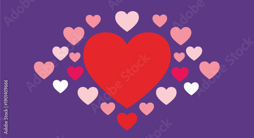 Romantic Valentine wallpaper with large central heart and floating small hearts, symmetrical layout, modern love poster design, and decorative flat vector background for celebration themes