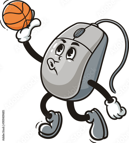 Computer mouse mascot cartoon playing slam dunk basketball