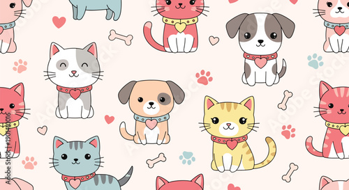 Cute Valentine wallpaper with cats and dogs wearing heart collars, showing pet love, family affection, and joyful romantic background for animal-themed designs