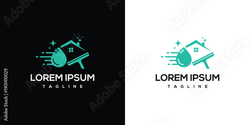 Cleaning Service Logo House Squeegee Water Drop Sparkle.