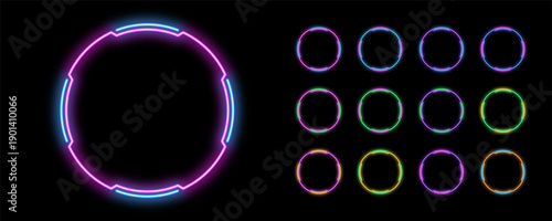 Bicolor outline neon circle frame, vector set. Neon circle HUD frame, glow UI ring border with space for text. Bicolor round led borders. Game design element and HUD shape with glow light effect