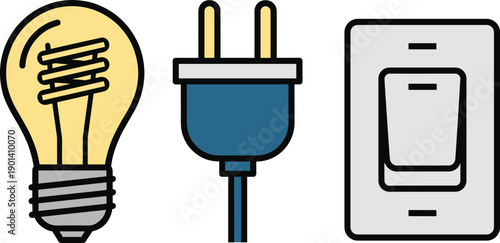 Illustration of Light Bulb, Electrical Plug, and Wall Switch Representing Basic Circuit Components for Power, Energy, and Education Themes